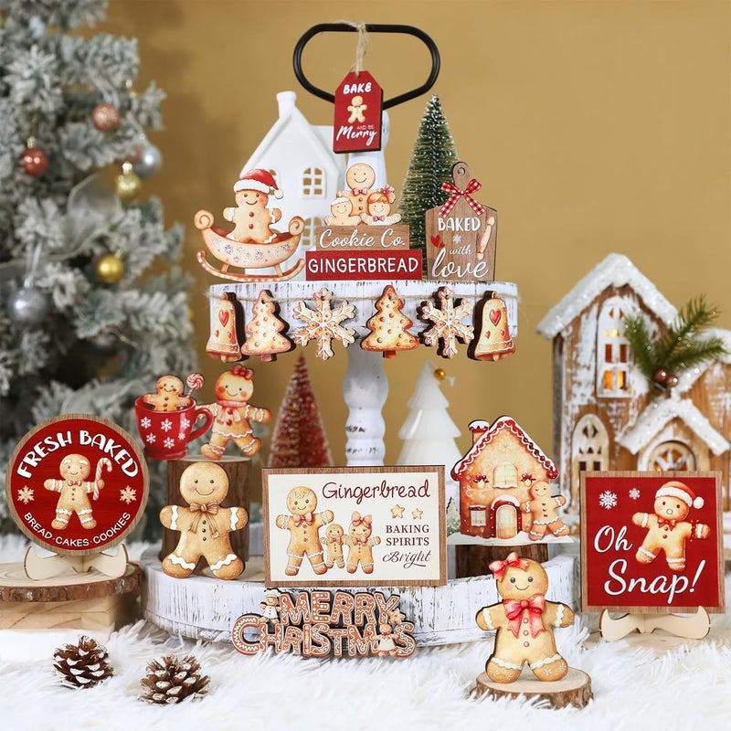FINDRICH 23 Pcs Christmas Tiered Tray Decor - Christmas Decorations Indoor for Tray Decor Gingerbread Table Centerpieces with Snowflake, Xmas Tree, Gingerbread Man Wooden Signs for Home Shelf Decor - Image 2